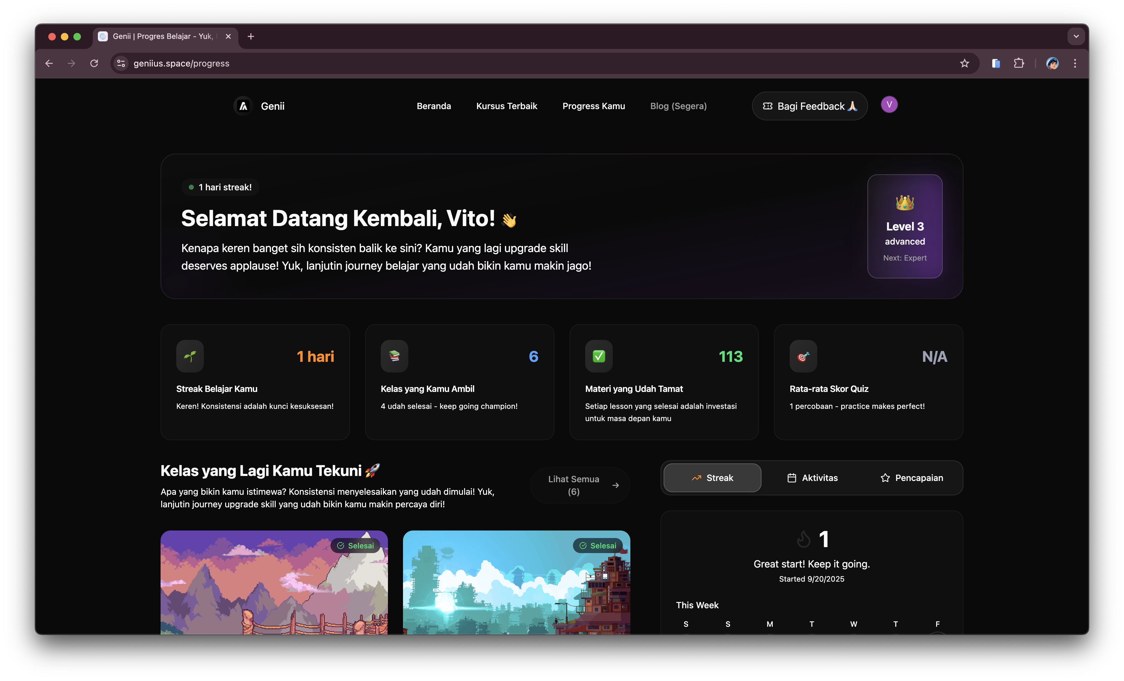 Genii learning dashboard